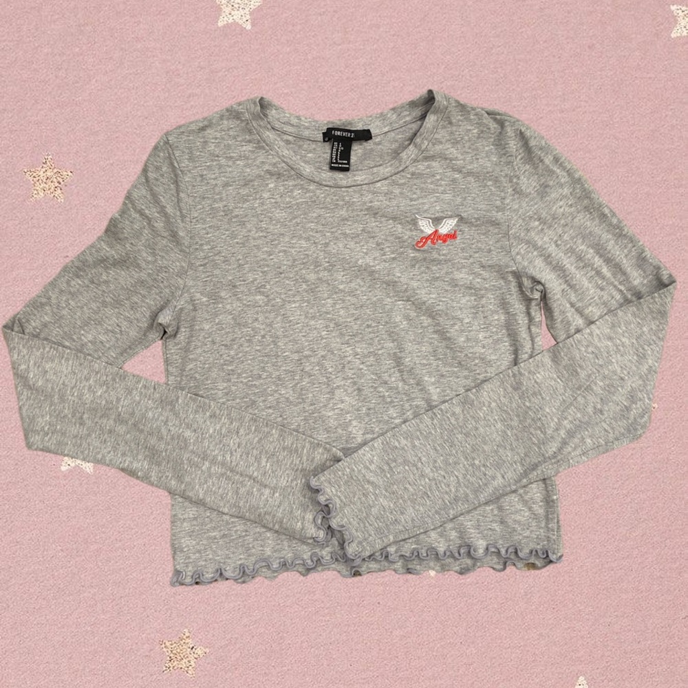 Forever 21 long sleeve Angel embroidered tee with lettuce edge hem size large